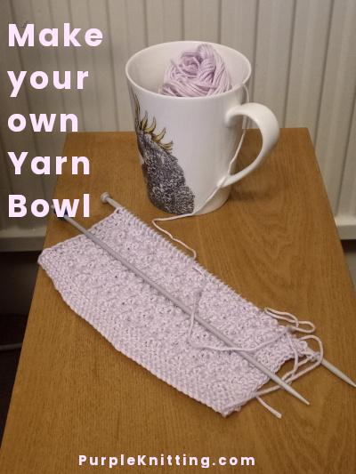 make your own yarn bowl using a big coffee mug threaded through the handle 